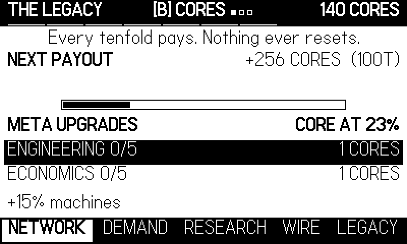 THE VAULT: the cores earned at act crossings, and what they buy.