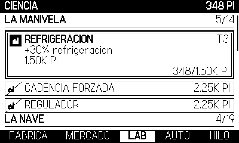 El laboratorio. Las cartas que puedes pagar destacan; las demás dicen qué quieren.