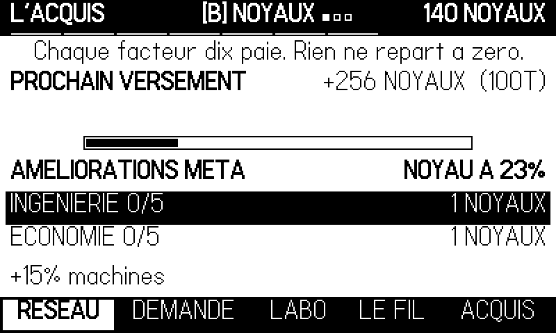 L'ACQUIS : les noyaux gagnés aux passages d'acte, et ce qu'ils achètent.
