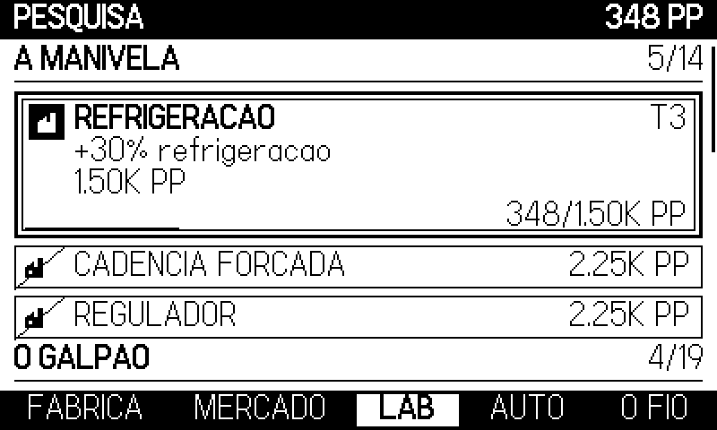 O laboratório. As cartas que podes pagar destacam-se; as outras dizem o que querem.